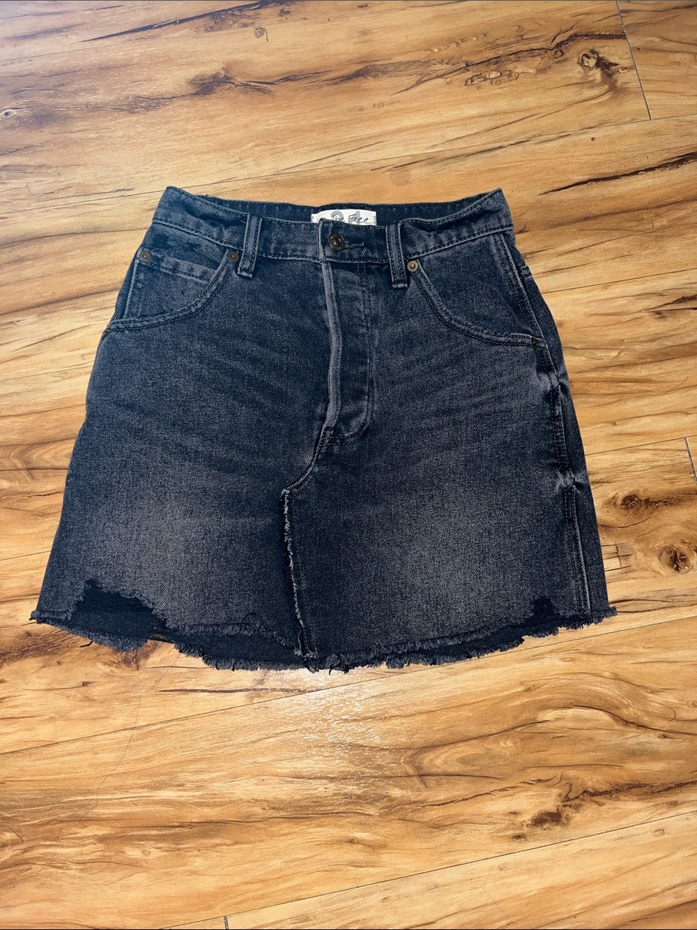 We The Free Washed Black Denim Mini Skirt - Frayed Hem